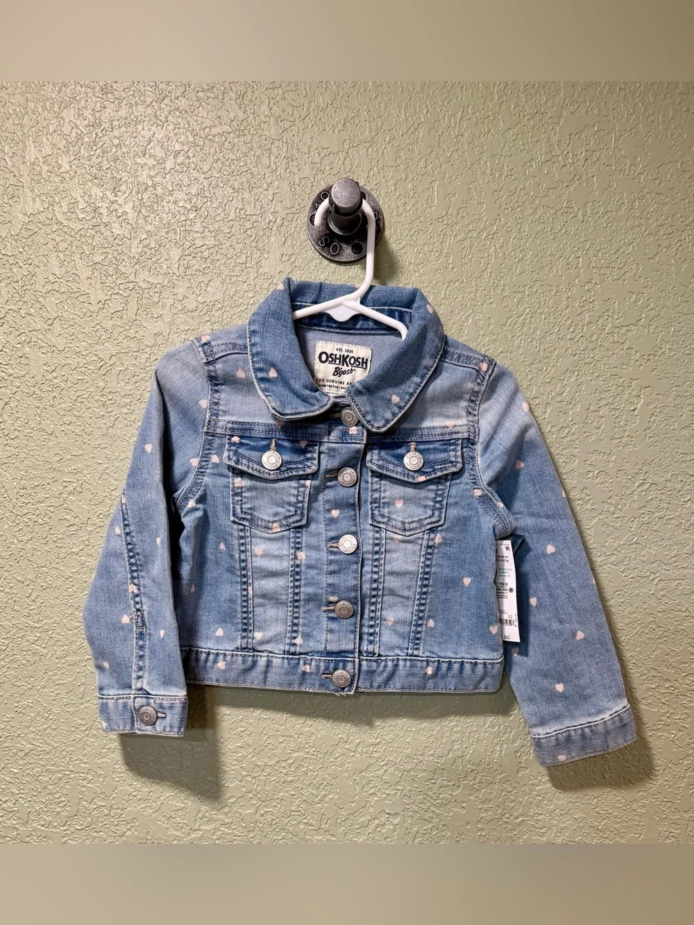 OshKosh B'gosh Light Blue Denim Jacket with Pink Heart Print NWT 2T
